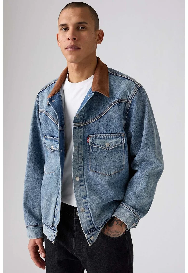 Jacheta din denim cu guler contrastant, Albastru melange