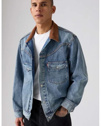 Jacheta din denim cu guler contrastant, Albastru melange