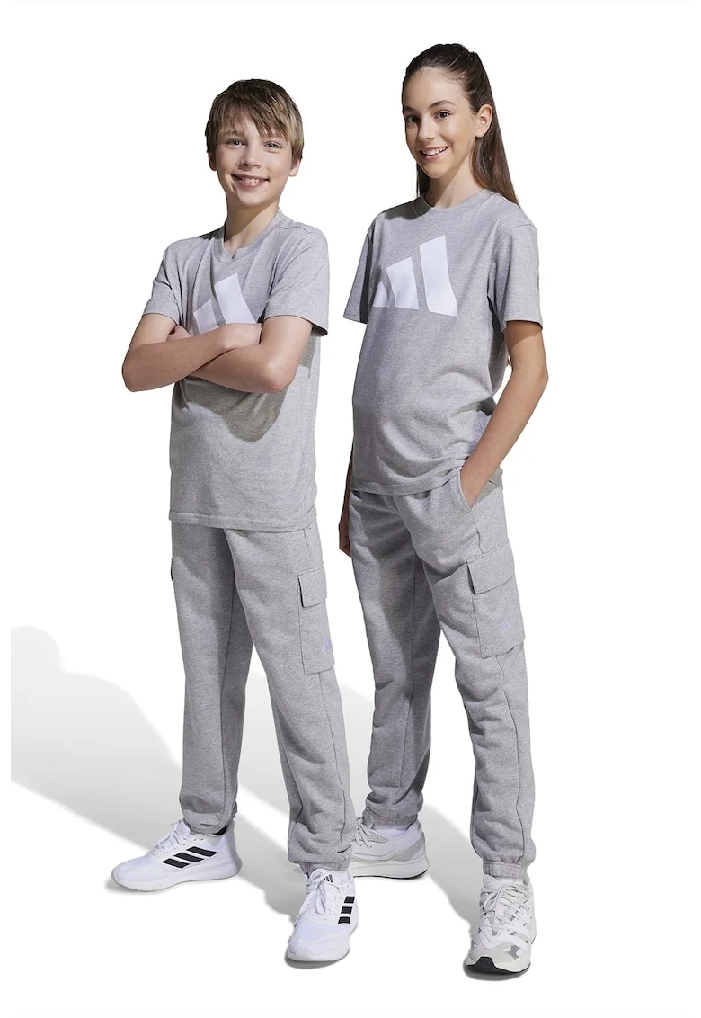 Pantaloni de trening cargo cu snur de ajustare in talie, Alb/Gri melange