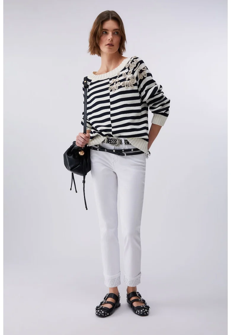 Blugi crop skinny cu strasuri, Alb