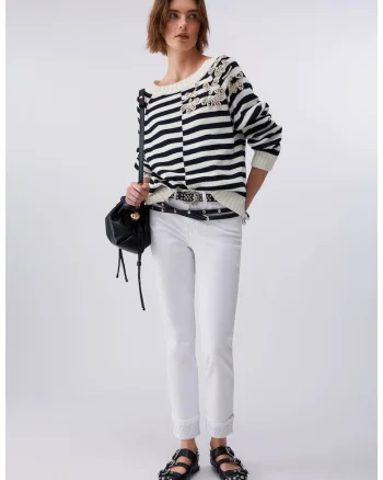 Blugi crop skinny cu strasuri, Alb