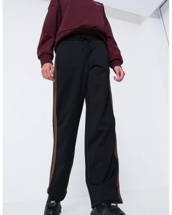 Pantaloni de trening cu insertii contrastante, Alb fildes/Negru