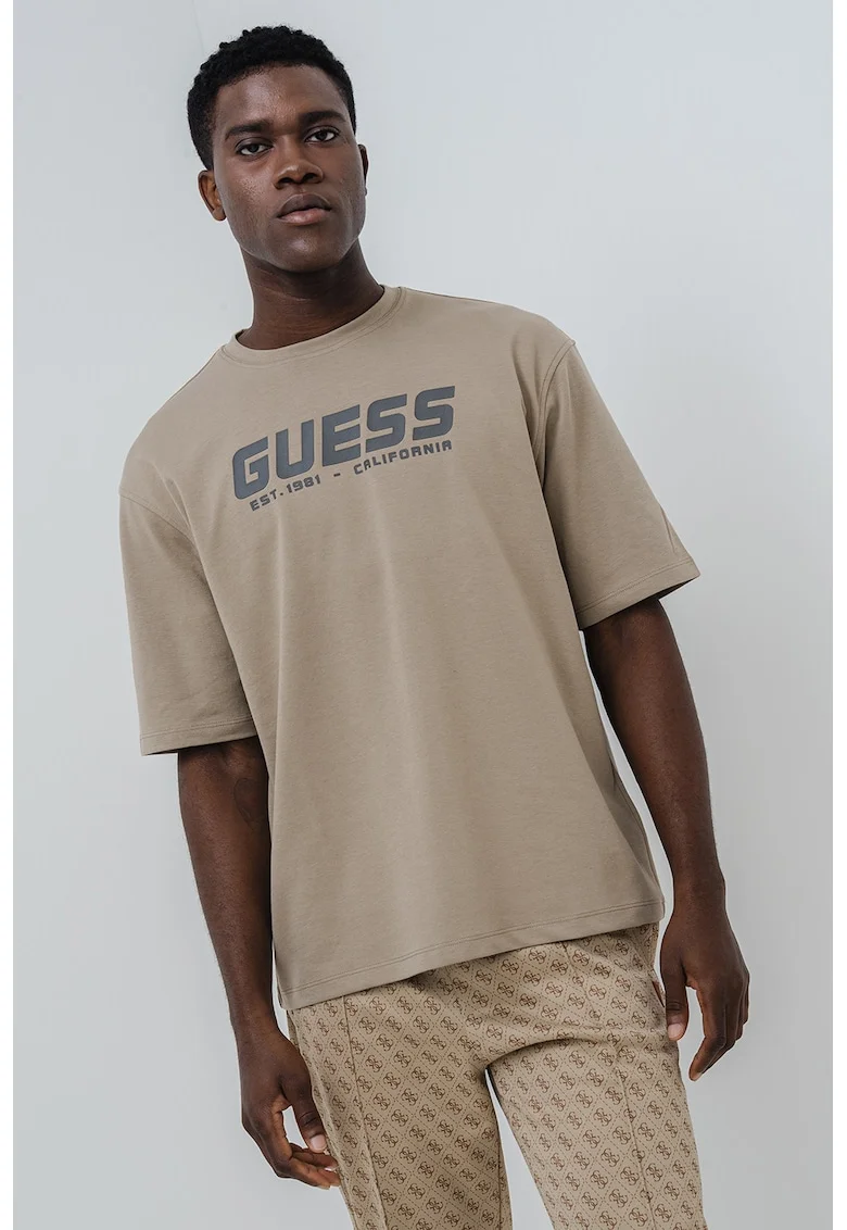 Tricou cu logo si maneci medii, Maro nisip/Gri inchis