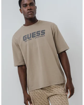 Tricou cu logo si maneci medii, Maro nisip/Gri inchis