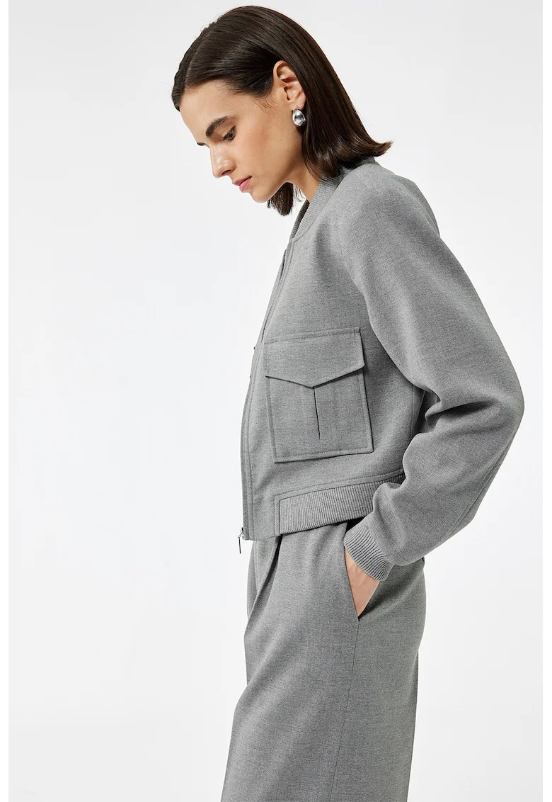 Jacheta crop cu buzunare cu clapa, Gri