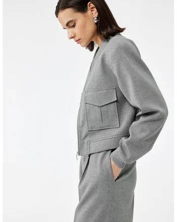 Jacheta crop cu buzunare cu clapa, Gri