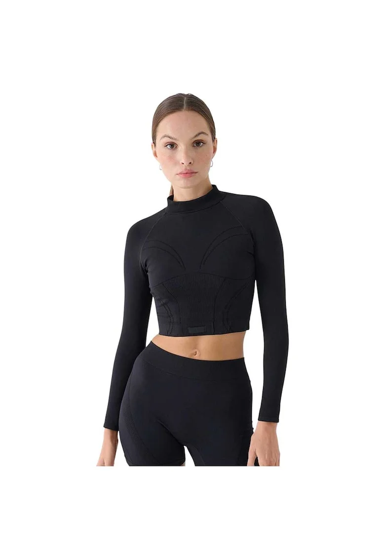 Bluza sport  maneca lunga, croiala slim, guler ridicat, negru, poliamida,