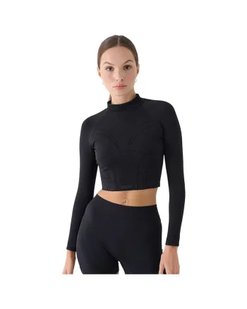 Bluza sport  maneca lunga, croiala slim, guler ridicat, negru, poliamida,