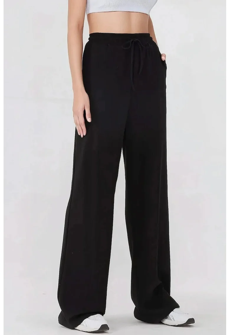 Pantaloni sport dama,  talie elastica, croiala larga, negru, textil