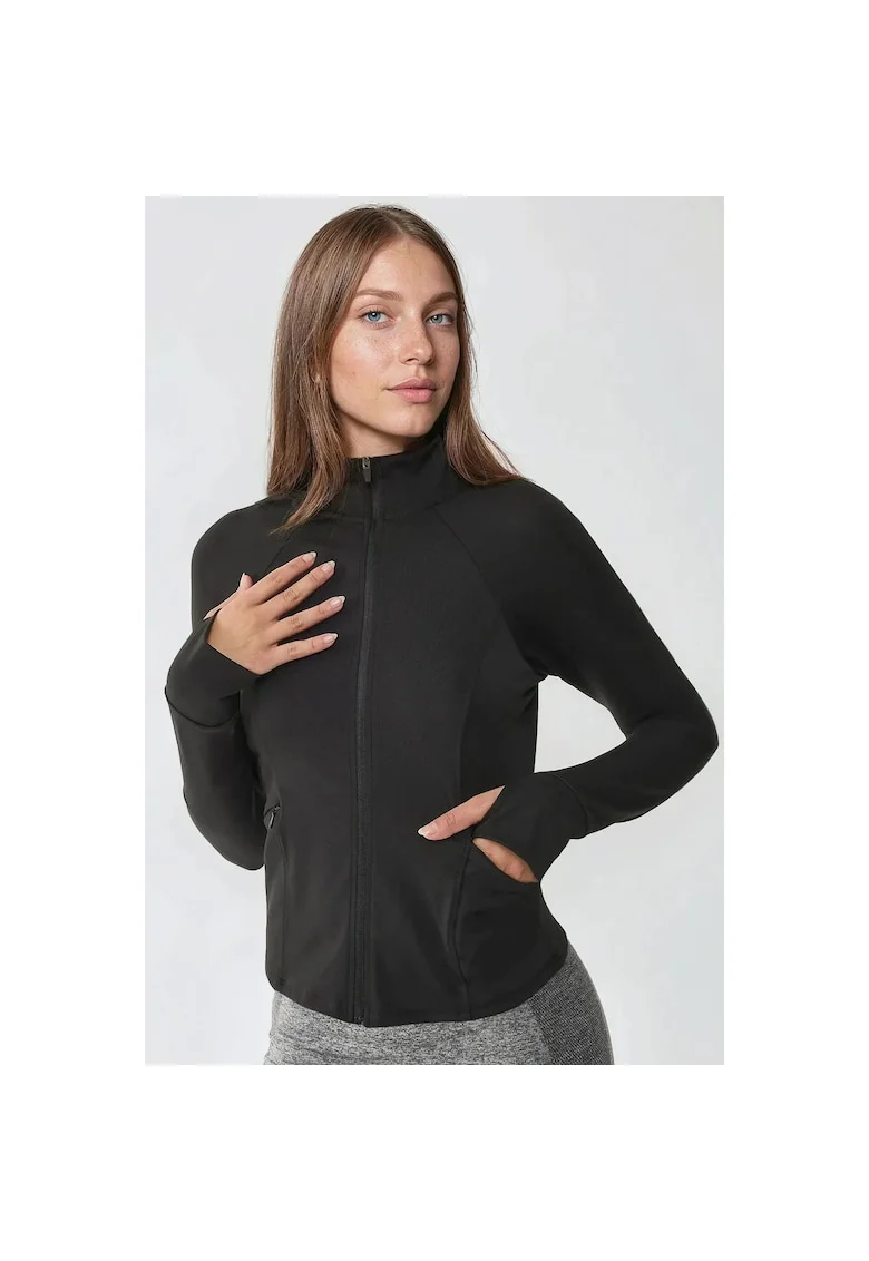 Bluza sport  tricotat, guler inalt, negru, textil