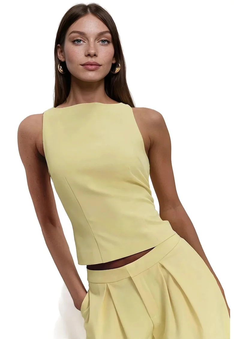 Top  fara maneci, guler rotund, galben, textil