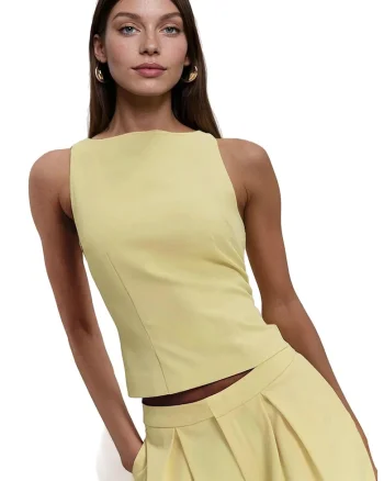 Top  fara maneci, guler rotund, galben, textil