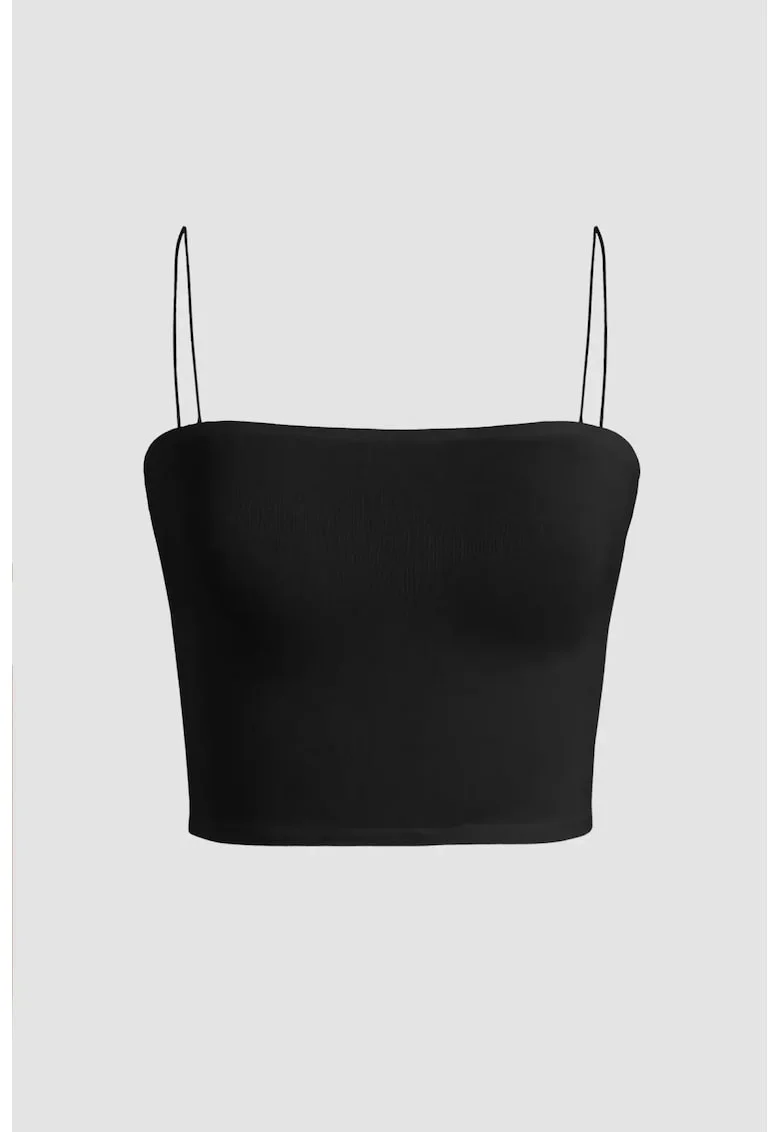 Top scurt dama,  guler patrat, negru, poliester