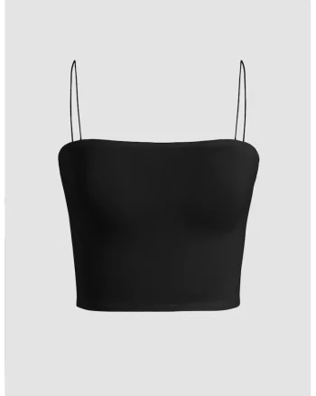 Top scurt dama,  guler patrat, negru, poliester