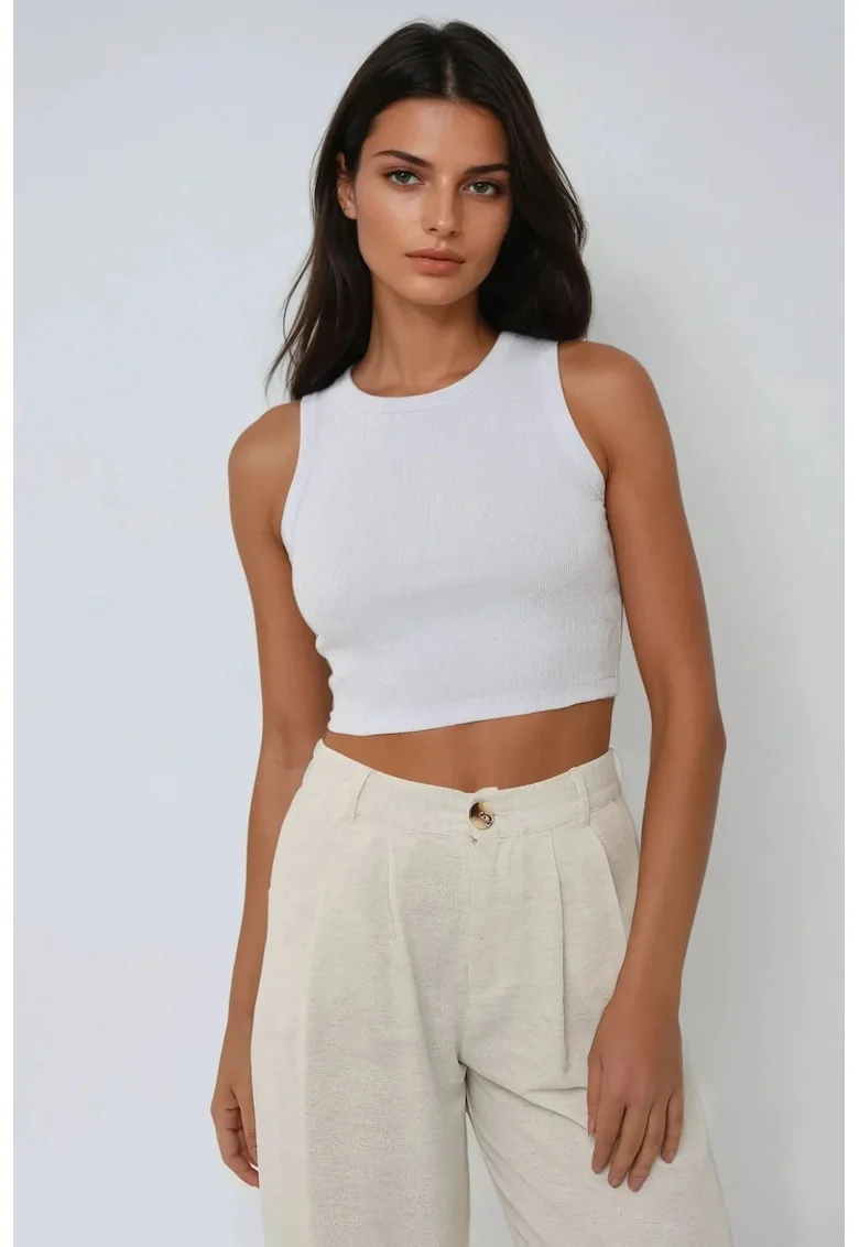 Maiou Crop  tricotat, decolteu halter, alb, bumbac