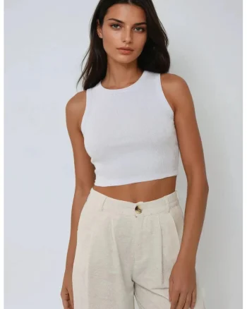 Maiou Crop  tricotat, decolteu halter, alb, bumbac