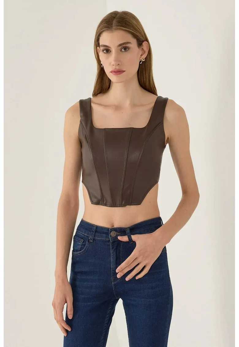 Top  corset din piele ecologica, bretele groase, maro, textil