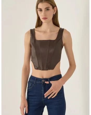Top  corset din piele ecologica, bretele groase, maro, textil