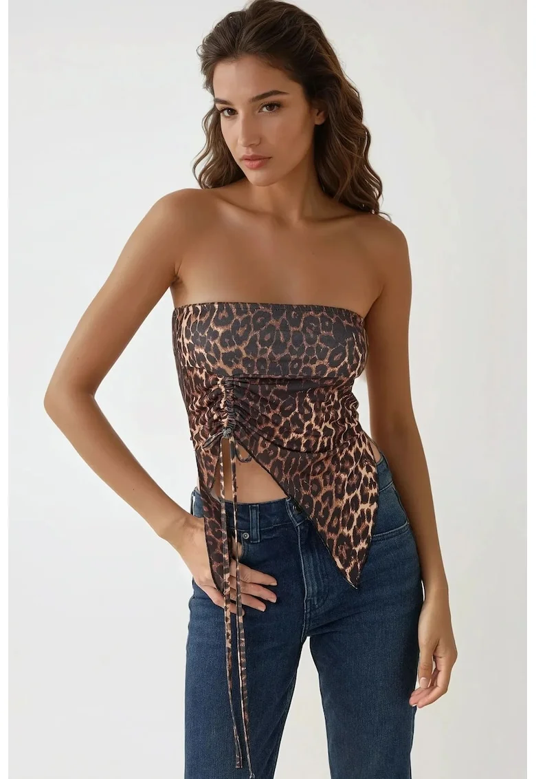 Top scurt,  imprimeu leopard, fara bretele, multicolor, jerseu