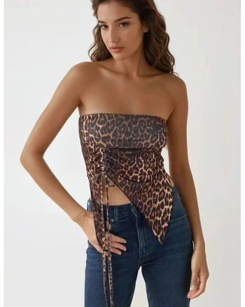 Top scurt,  imprimeu leopard, fara bretele, multicolor, jerseu
