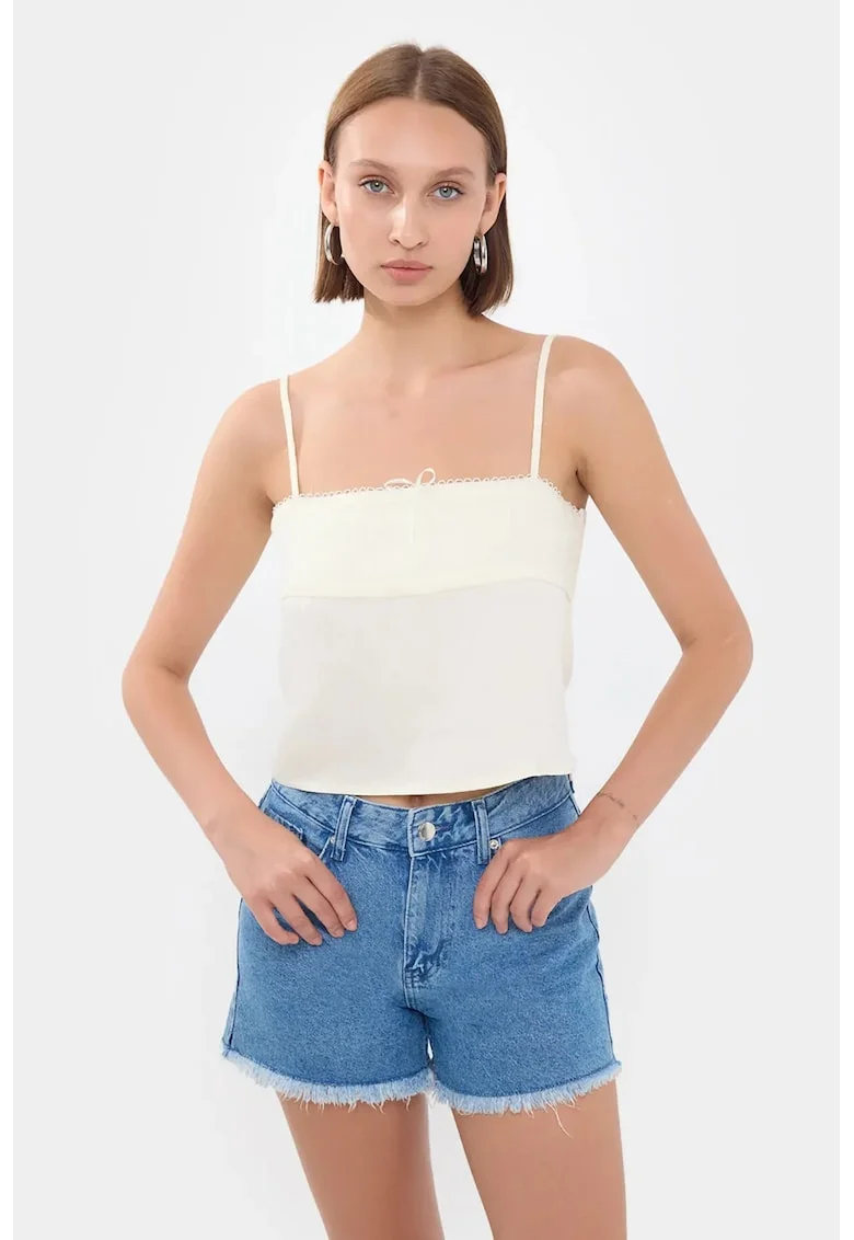 Top de pijama scurt,  cu dungi, guler patrat, alb, textil