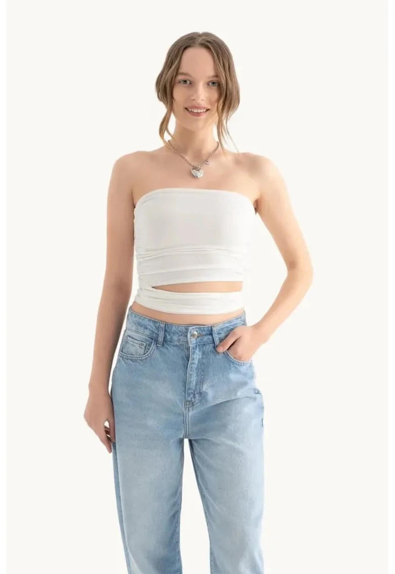Top bandeau fara bretele,  decupat, alb, textil