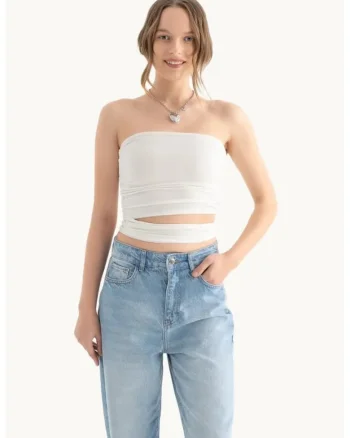 Top bandeau fara bretele,  decupat, alb, textil