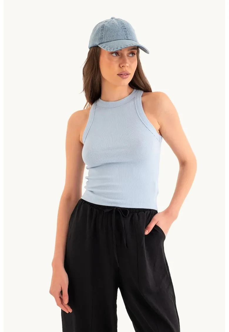 Maiou basic,  guler halter, albastru, jerseu
