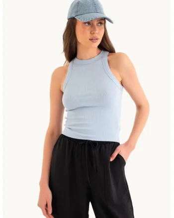 Maiou basic,  guler halter, albastru, jerseu