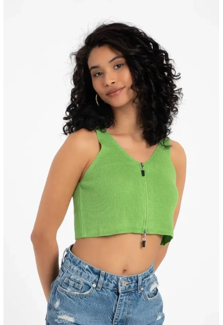 Top scurt tricotat  decolteu in V, fermoar, verde, jerseu,