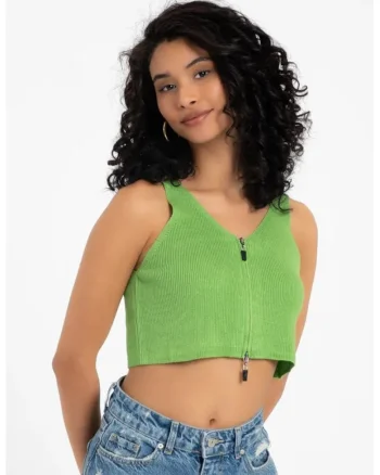 Top scurt tricotat  decolteu in V, fermoar, verde, jerseu,