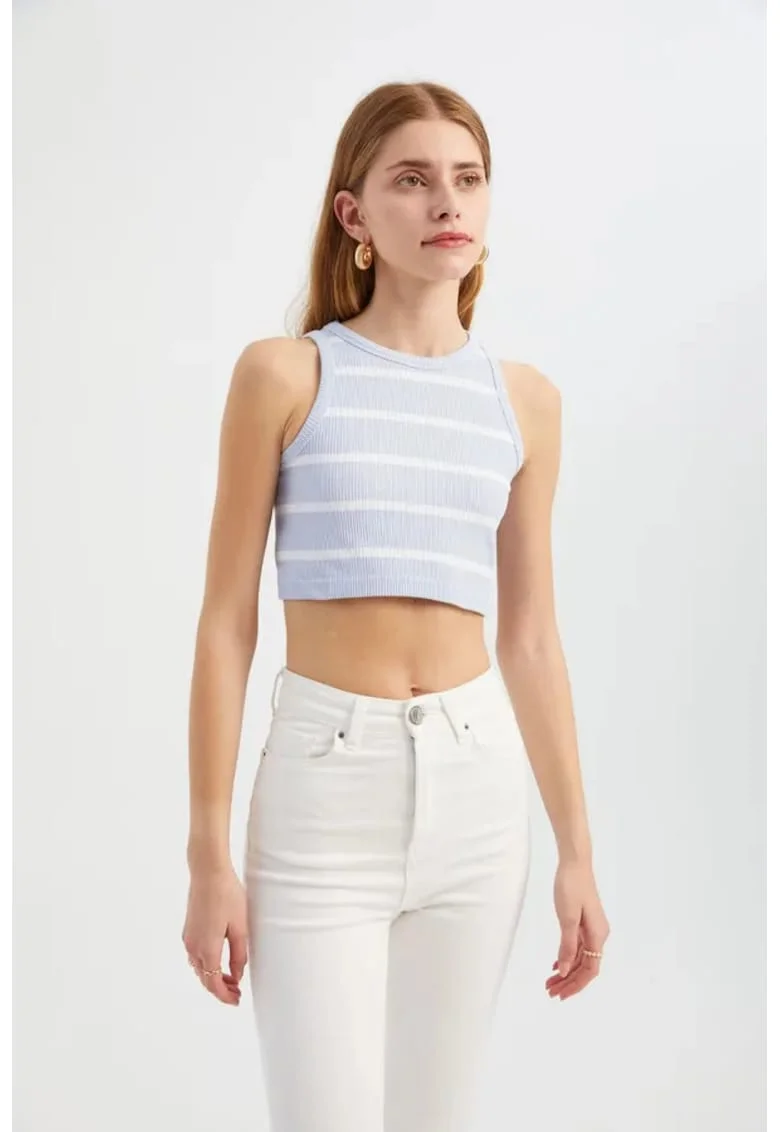 Top ,  crop cu guler rotund, dungi, violet, textil