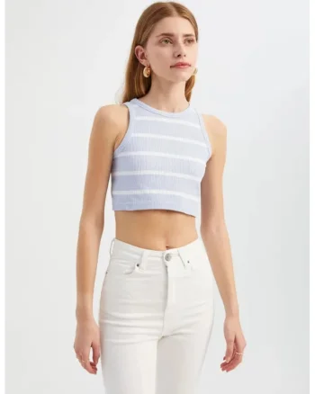 Top ,  crop cu guler rotund, dungi, violet, textil