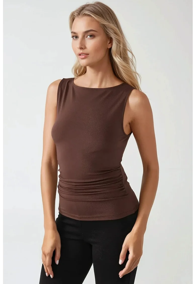 Top ,  tricotat, slim fit, maro, jerseu