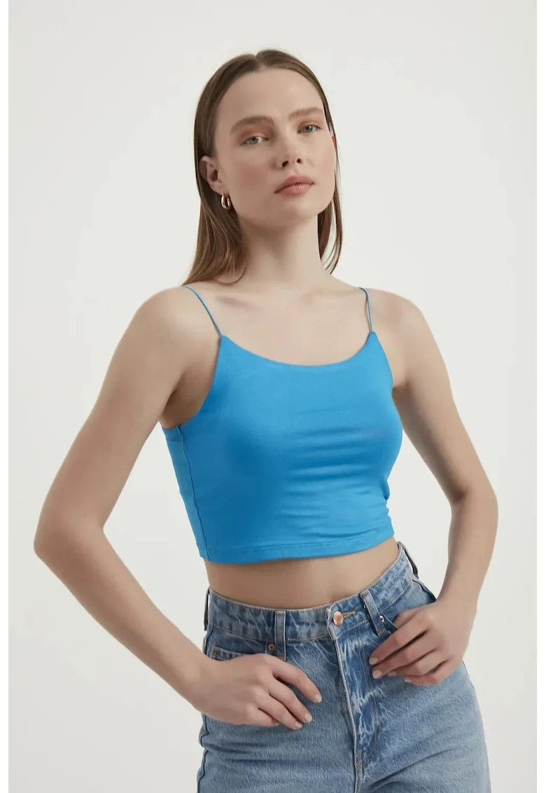 Top Crop Basic,  bretele spaghetti, albastru, jerseu