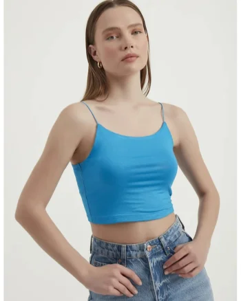 Top Crop Basic,  bretele spaghetti, albastru, jerseu