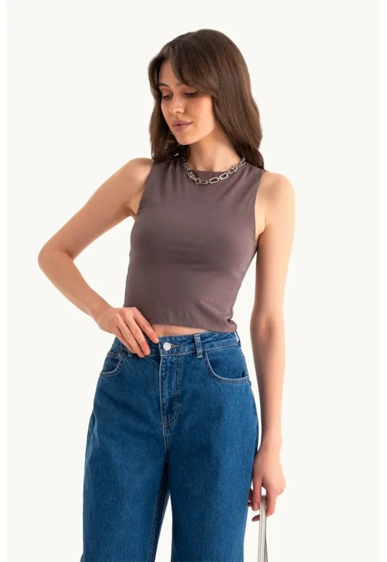 Maiou,  Round Neck Basic, simplu, maro, jerseu