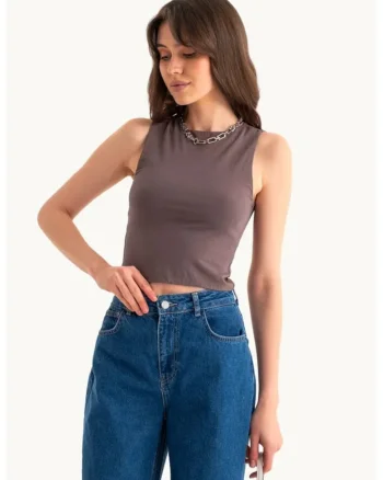 Maiou,  Round Neck Basic, simplu, maro, jerseu