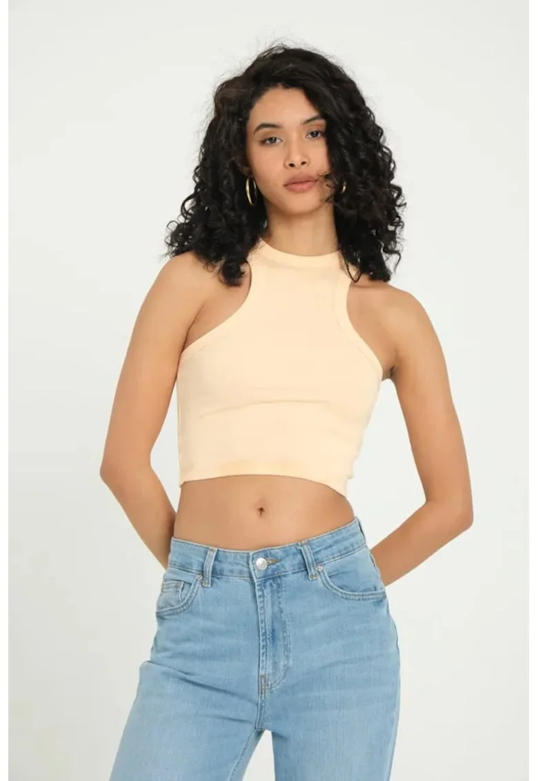 Top scurt,  cu decolteu halter, nervuri, portocaliu, textil