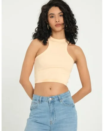Top scurt,  cu decolteu halter, nervuri, portocaliu, textil