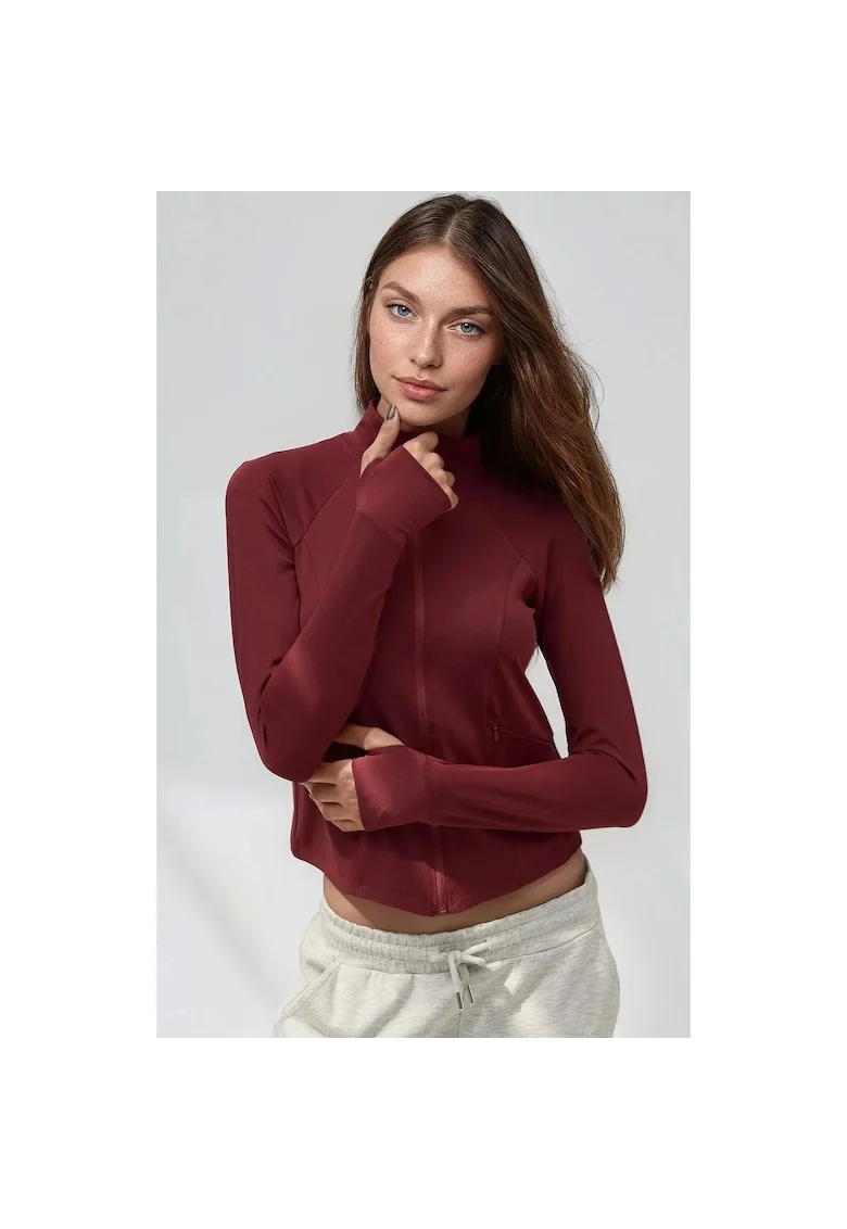 Top sport  tricotat, guler inalt, visiniu, pentru fitness