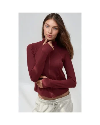 Top sport  tricotat, guler inalt, visiniu, pentru fitness