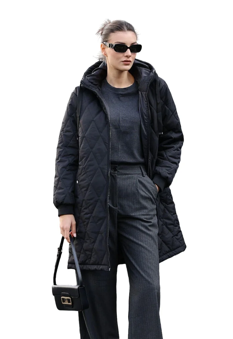 Geaca lunga dama, cu gluga, HiCCUP, textil, negru