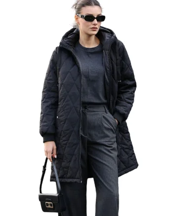 Geaca lunga dama, cu gluga, HiCCUP, textil, negru