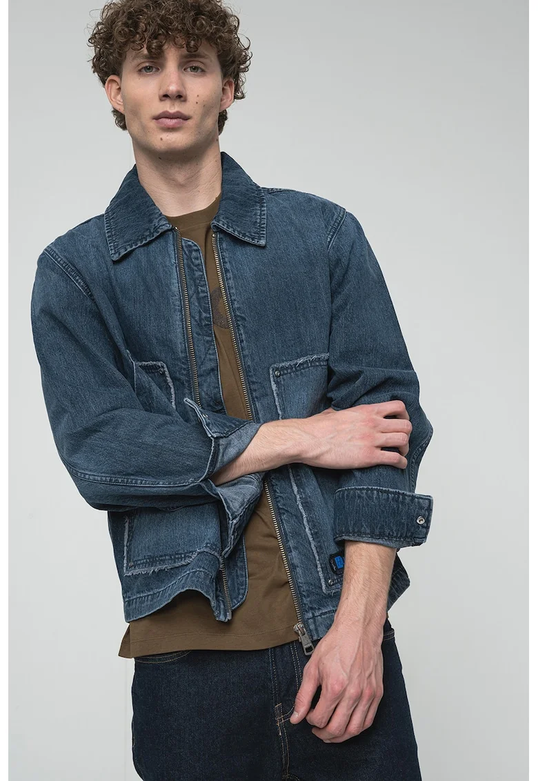 Jacheta din denim cu inchidere cu fermoar, Albastru inchis