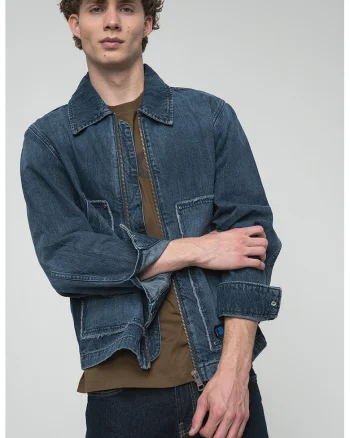 Jacheta din denim cu inchidere cu fermoar, Albastru inchis