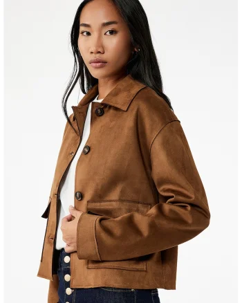 Jacheta de piele intoarsa sintetica cu buzunare frontale cu clapa, Caramel
