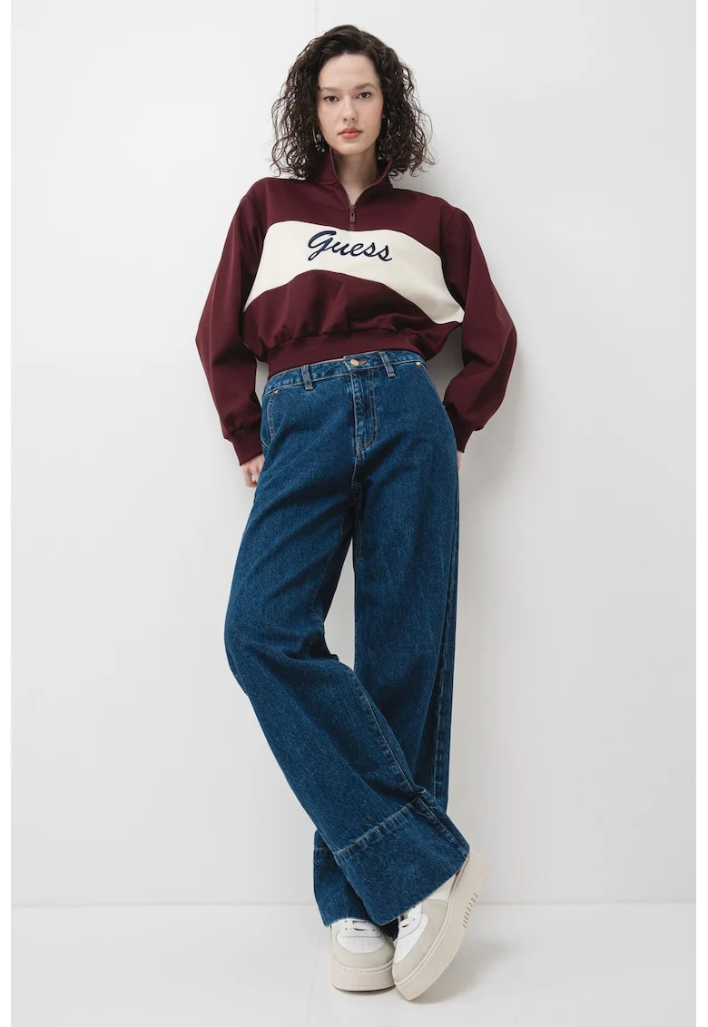 Bluza crop de trening cu croiala supradimensionata si fermoar scurt, Alb/Violet tyrian
