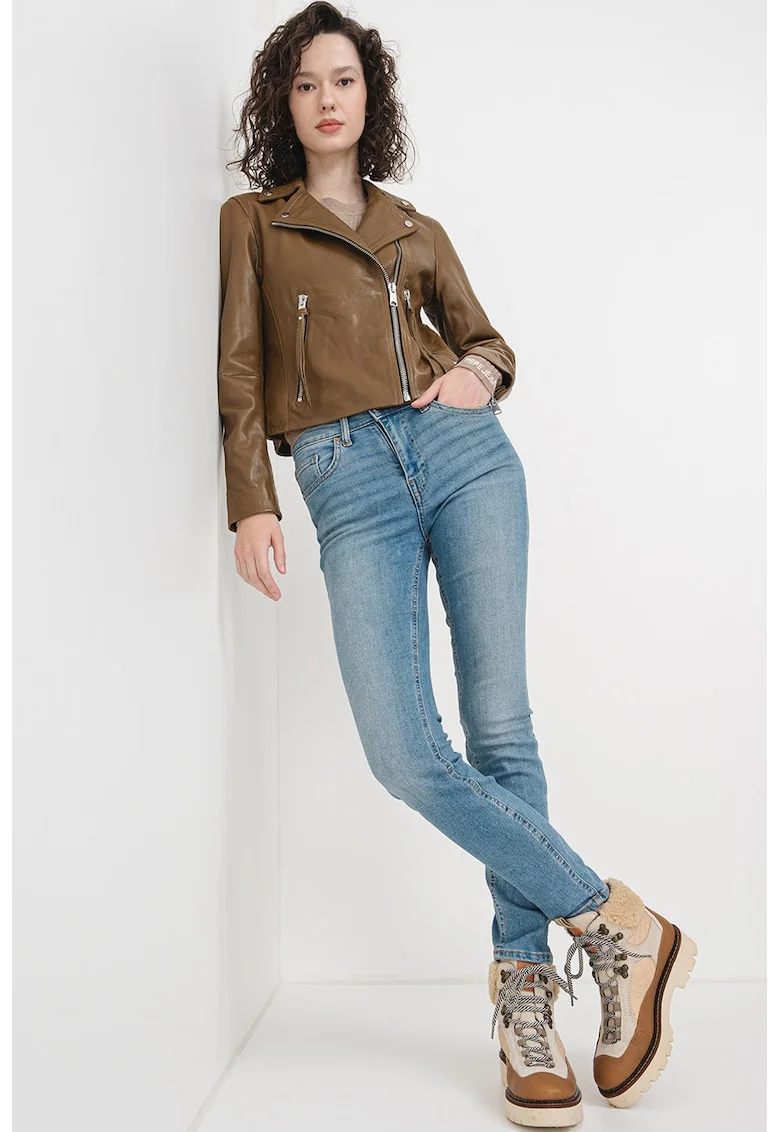 Jacheta biker slim fit de piele Dalby, Caramel