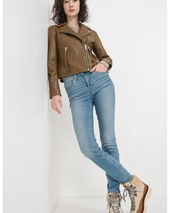 Jacheta biker slim fit de piele Dalby, Caramel